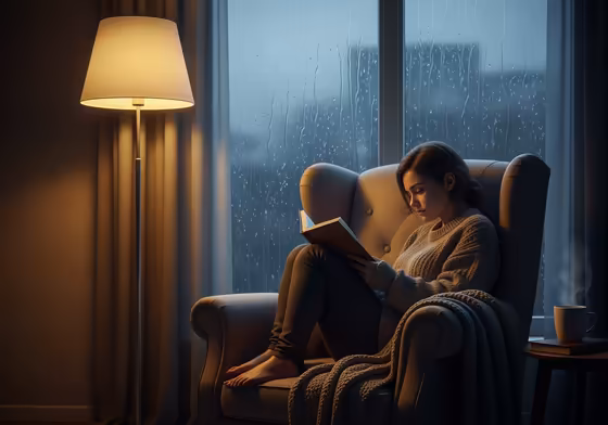 A person sitting in a cozy armchair by a window on a rainy day, reading a book that seems to evoke a sense of melancholy, feeling safe and understood.