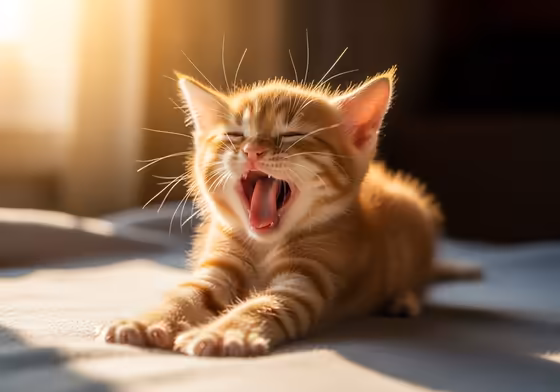 An adorable, fluffy kitten yawning and stretching as it wakes up in a sunbeam.