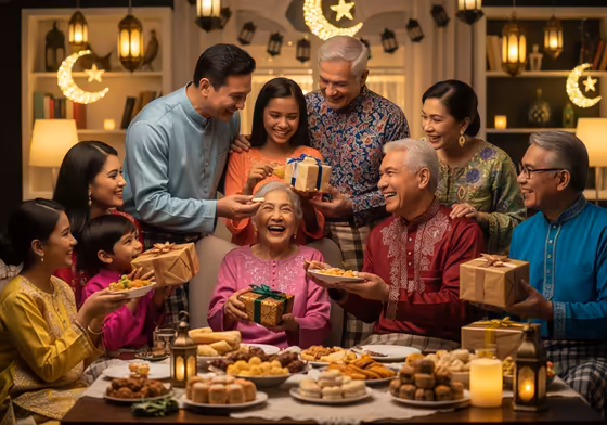 A happy family celebrating Eid al-Fitr together, with festive decorations and food.