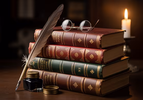 A stack of classic, vintage-looking books with ornate covers, with a pair of reading glasses resting on top, evoking the romance of literature.