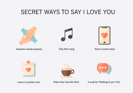 Infographic showing different coded actions that mean 'I love you'. It includes icons for squeezing a hand, playing a song, sending an emoji, leaving a note, and making a favorite meal.