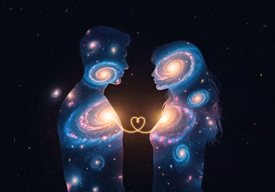 An artistic representation of deep love, showing two silhouettes against a cosmic, starry background, their forms subtly merging.