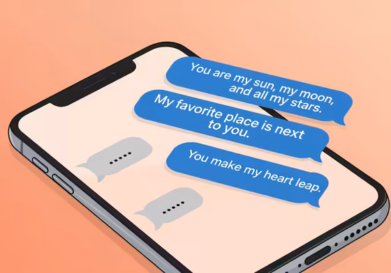 An illustration of a smartphone screen showing several short, sweet 'I love you' text messages in bubbles.
