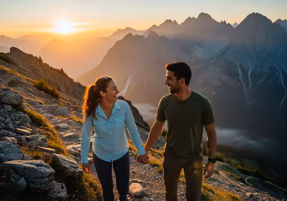A couple holding hands and laughing while hiking up a mountain at sunrise.