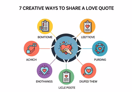 An infographic with 7 icons showing creative ways to share love quotes, such as sticky notes, scavenger hunts, and playlists.